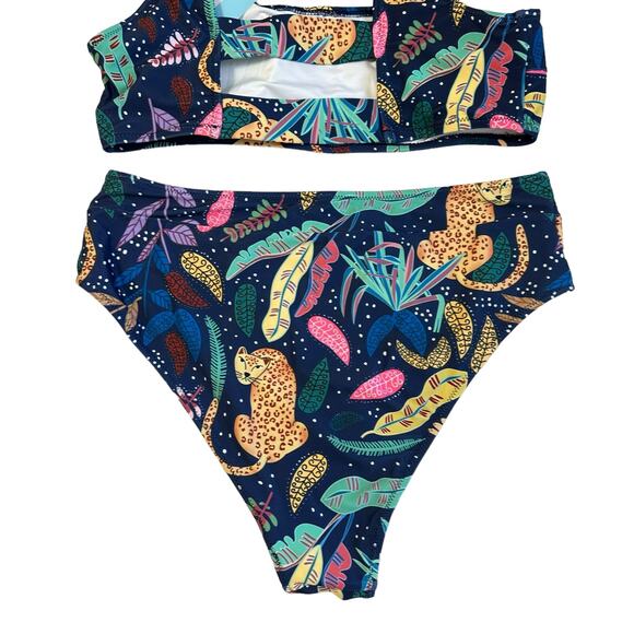 NWT Cheetah Print Mutilcolor Safari Two Piece High Waist Boho Bikini Size Large - Picture 4 of 11